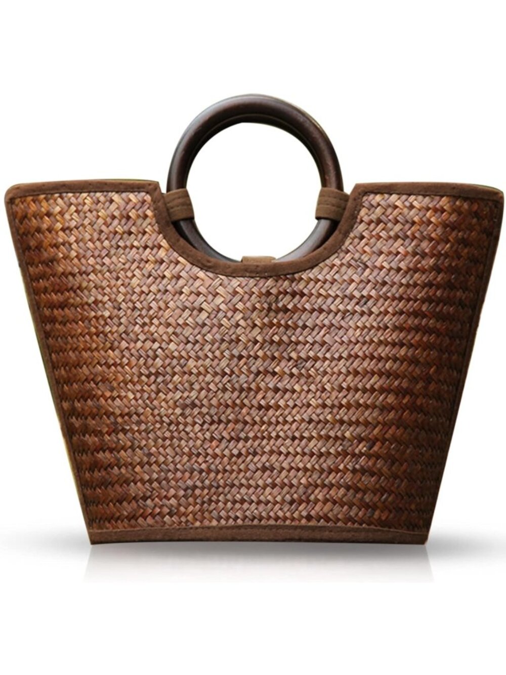 Handmade Rattan Tote Bag for Women, Boho Straw Woven Beach Bag with Round Handle